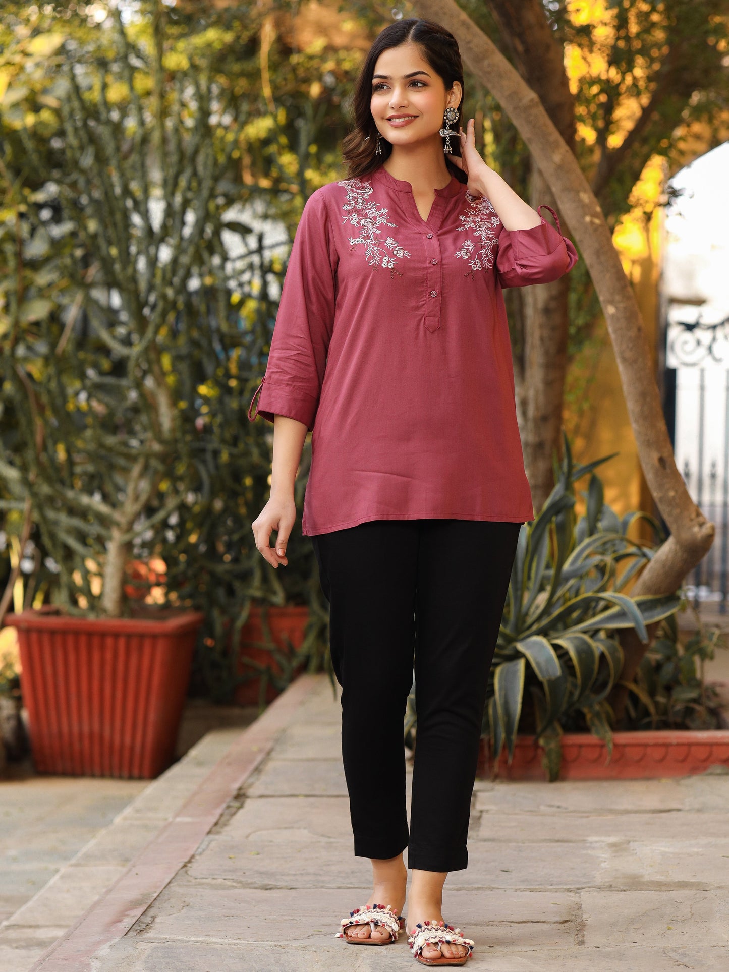 Onion Pink Modal Rayon Embroidered Tunic
