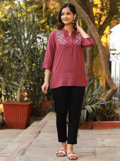 Onion Pink Modal Rayon Embroidered Tunic