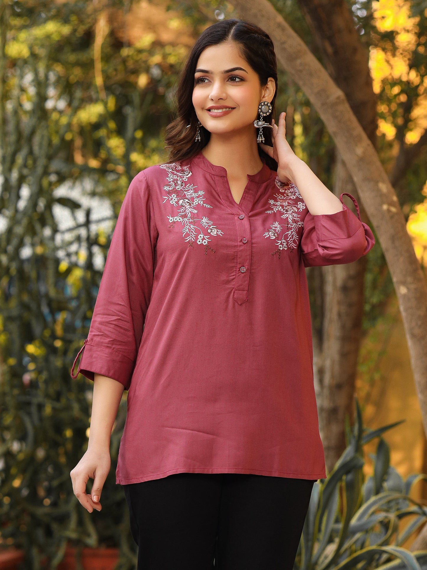Onion Pink Modal Rayon Embroidered Tunic