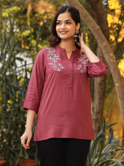 Onion Pink Modal Rayon Embroidered Tunic