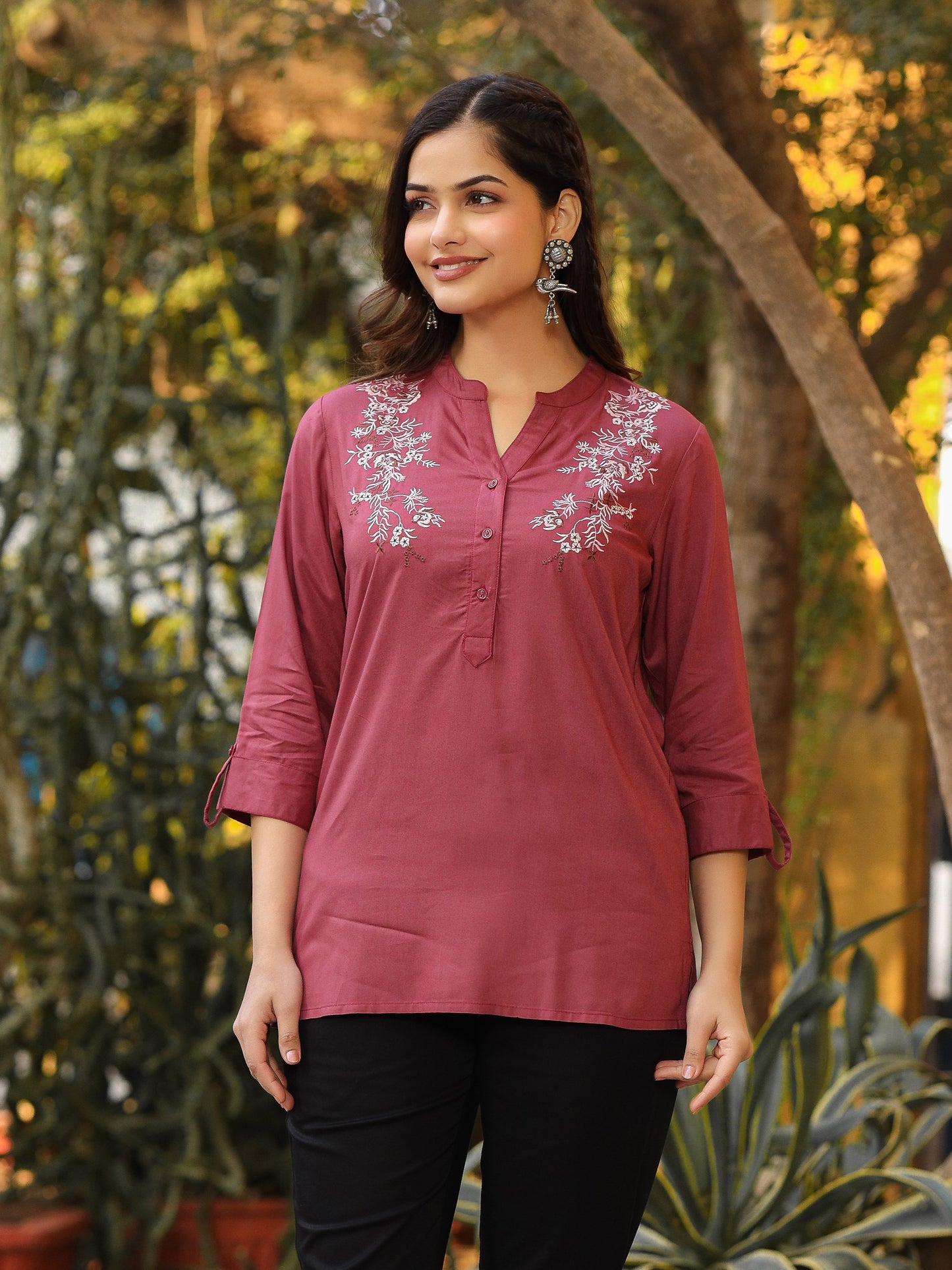 Onion Pink Modal Rayon Embroidered Tunic