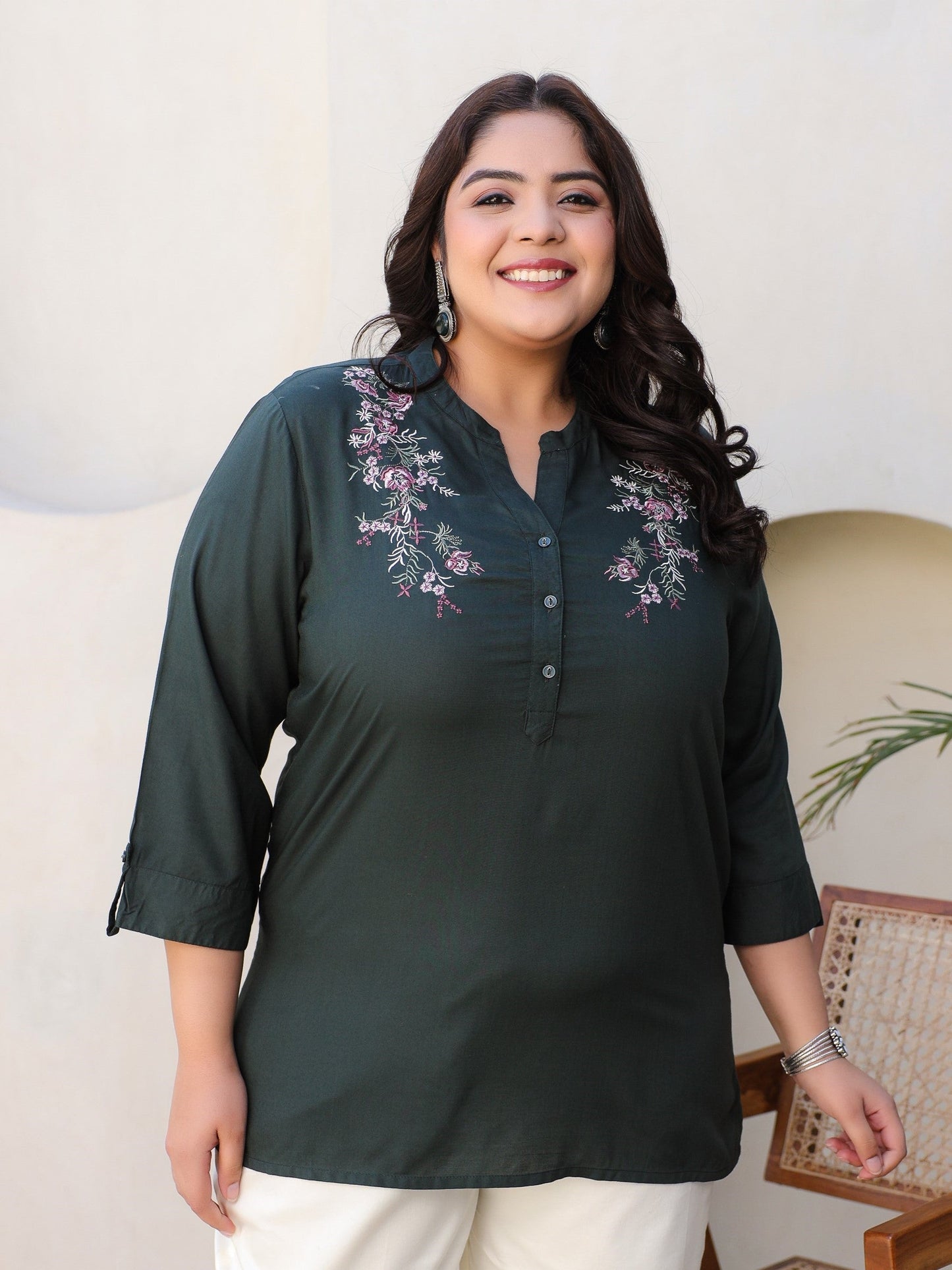 Green Modal Rayon Floral Embroidered Plus Size Tunic With Half Placket