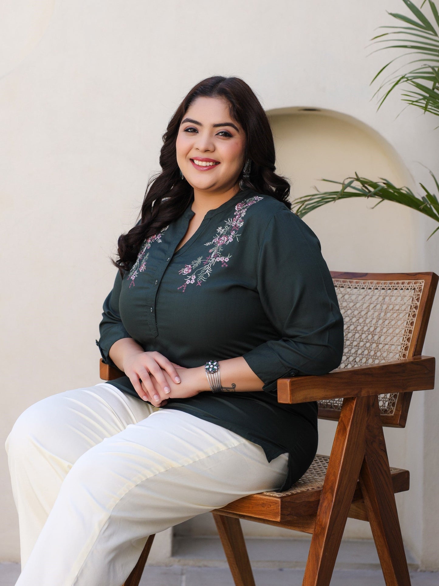 Green Modal Rayon Floral Embroidered Plus Size Tunic With Half Placket