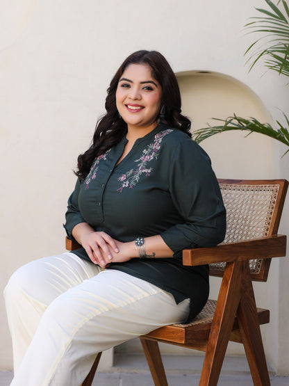 Green Modal Rayon Floral Embroidered Plus Size Tunic With Half Placket
