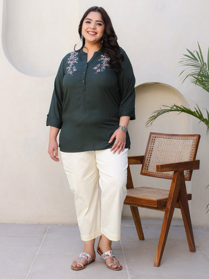 Green Modal Rayon Floral Embroidered Plus Size Tunic With Half Placket
