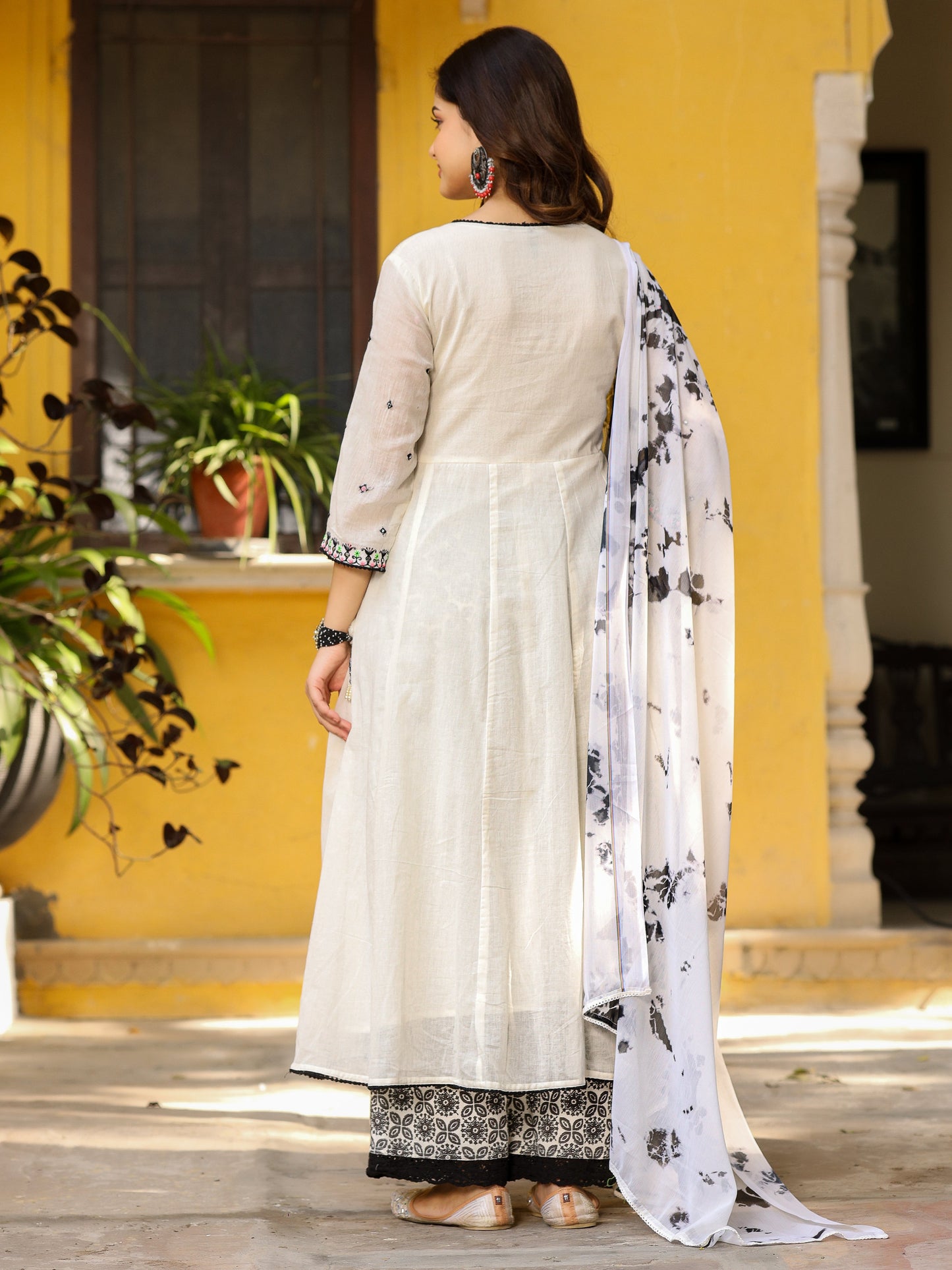 Off-White & Black Pure Cotton Angrakha Kurta Palazzo & Dupatta With Thread & Mirror Work