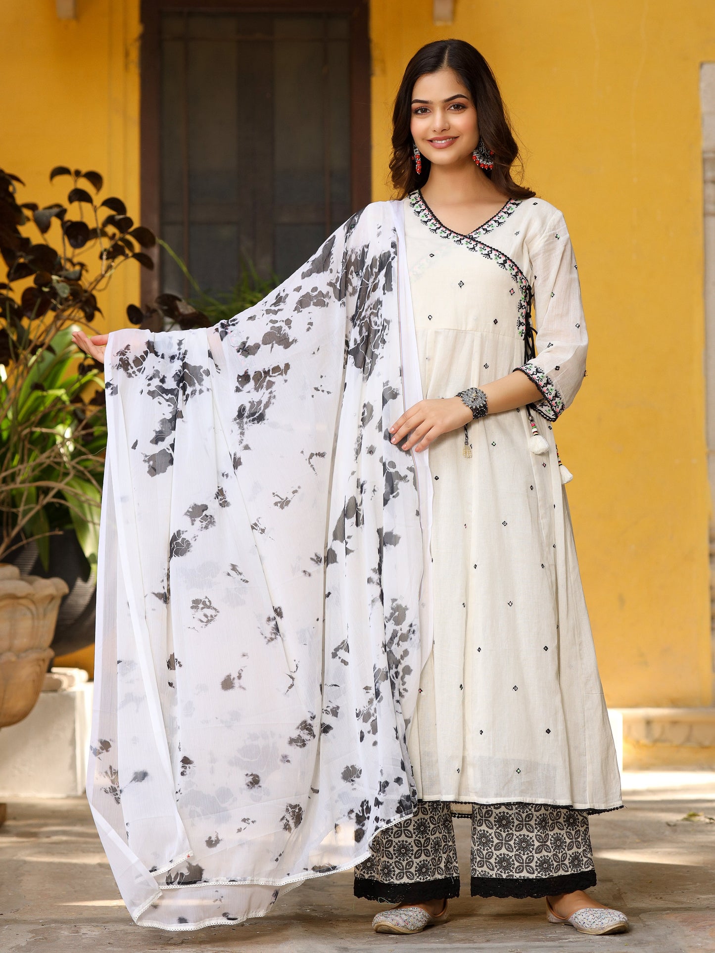 Off-White & Black Pure Cotton Angrakha Kurta Palazzo & Dupatta With Thread & Mirror Work