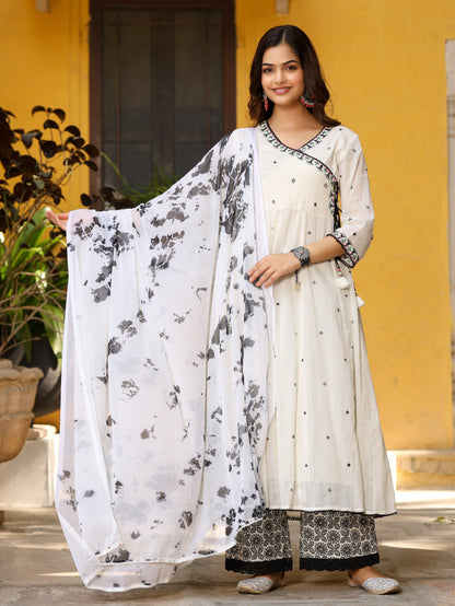 Off-White & Black Pure Cotton Angrakha Kurta Palazzo & Dupatta With Thread & Mirror Work