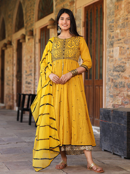 Mustard & Black Cotton  Embroidered Anarkali Dress With Jacket & Tie-Dye Dupatta