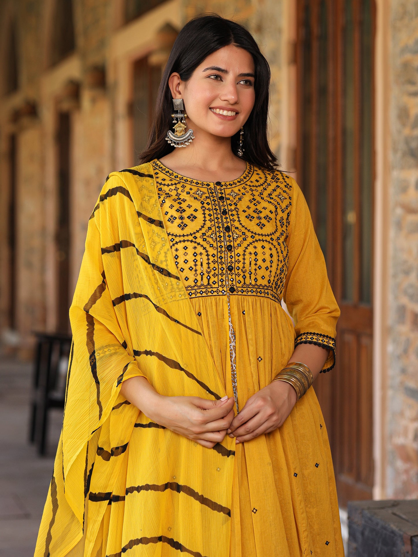 Mustard & Black Cotton  Embroidered Anarkali Dress With Jacket & Tie-Dye Dupatta