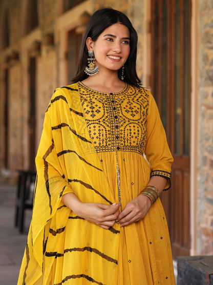 Mustard & Black Cotton  Embroidered Anarkali Dress With Jacket & Tie-Dye Dupatta