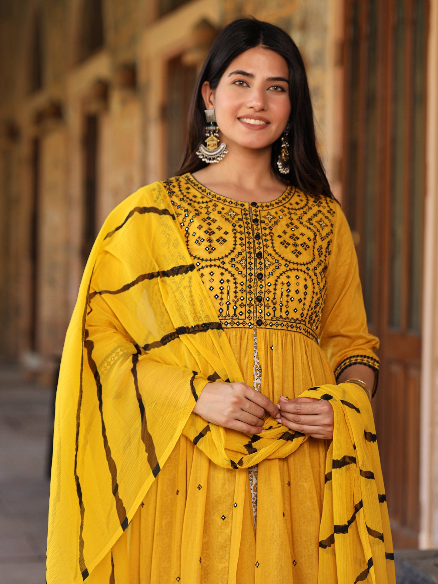 Mustard & Black Cotton  Embroidered Anarkali Dress With Jacket & Tie-Dye Dupatta