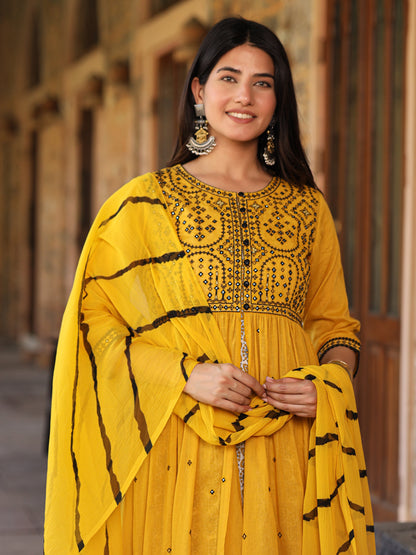 Mustard & Black Cotton  Embroidered Anarkali Dress With Jacket & Tie-Dye Dupatta
