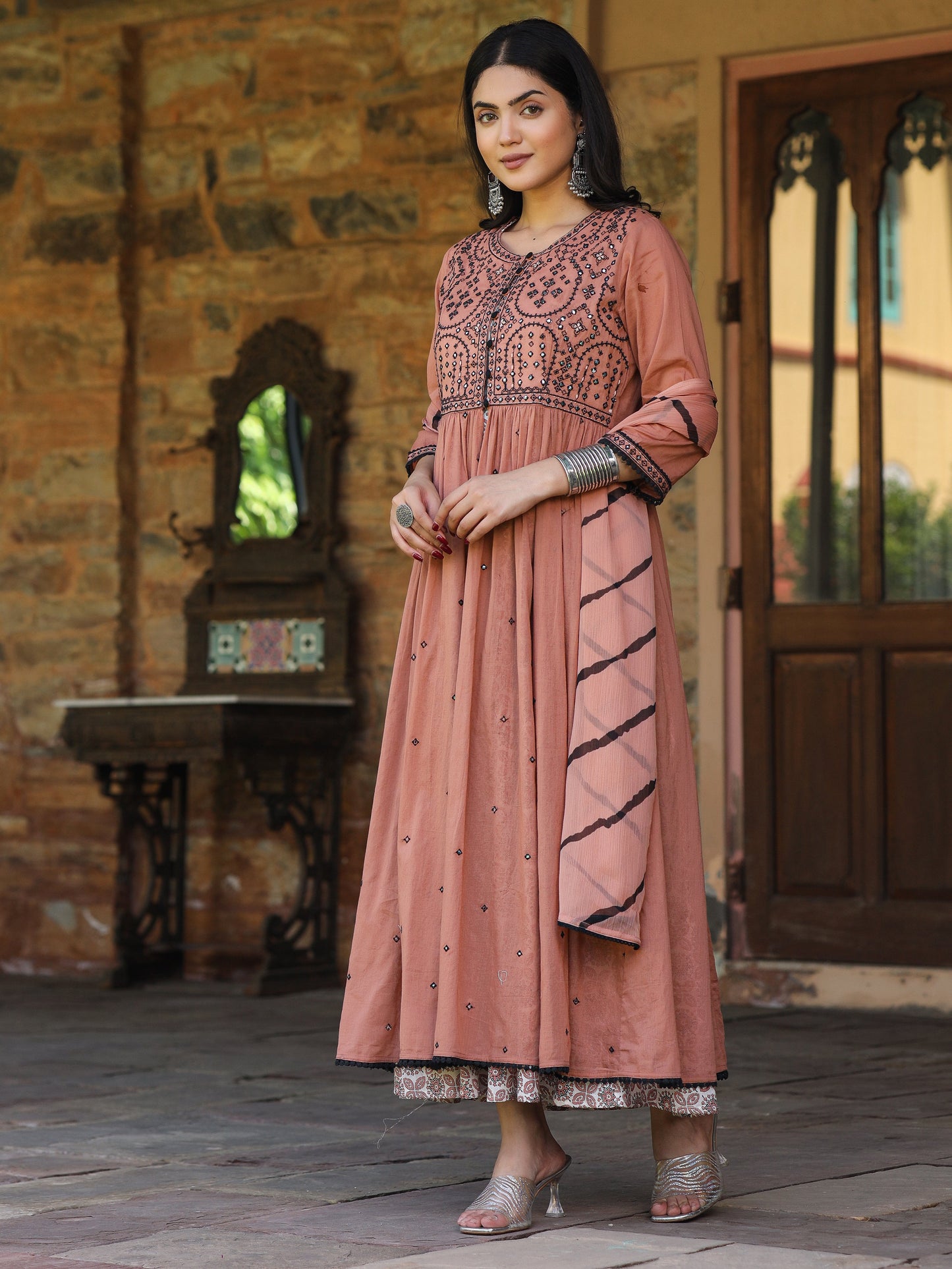 Onion Pink & Black Cotton  Embroidered Anarkali Dress With Jacket & Tie-Dye Dupatta