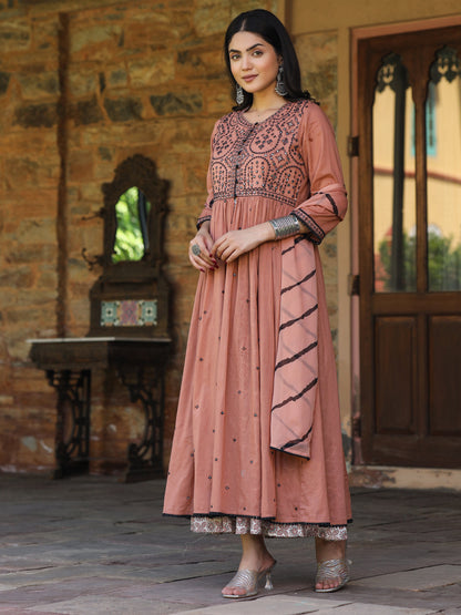 Onion Pink & Black Cotton  Embroidered Anarkali Dress With Jacket & Tie-Dye Dupatta