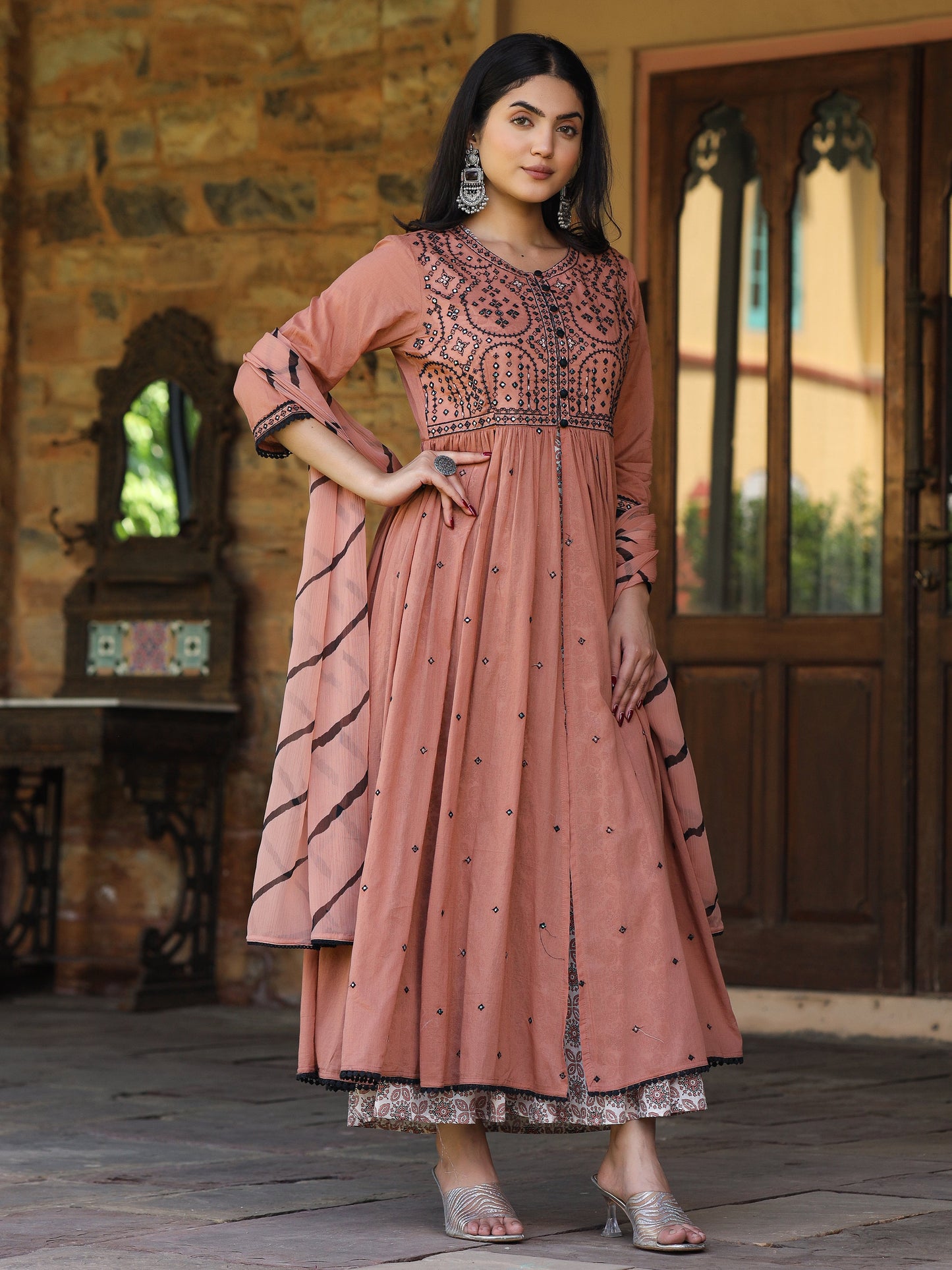 Onion Pink & Black Cotton  Embroidered Anarkali Dress With Jacket & Tie-Dye Dupatta