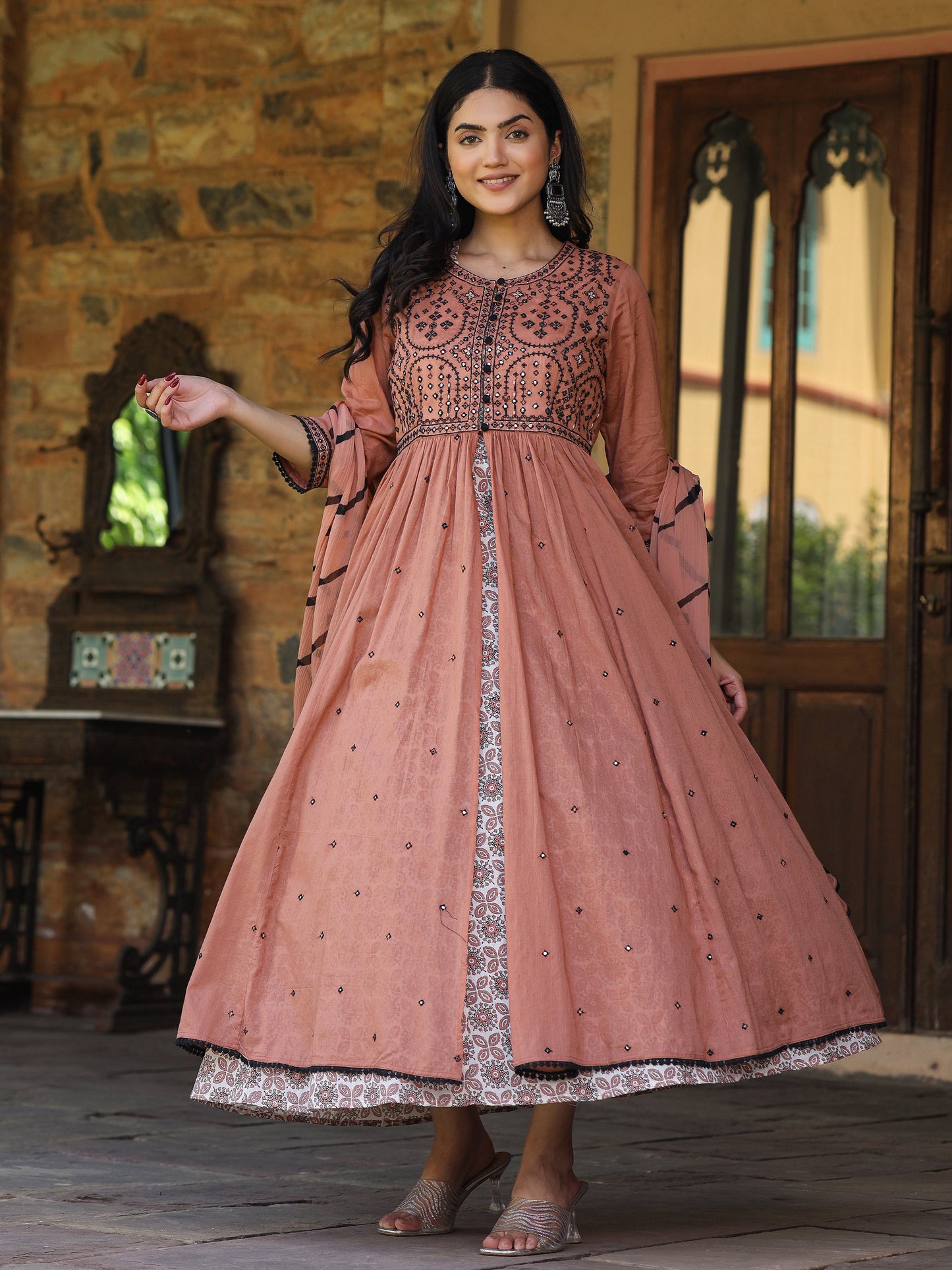 Onion Pink & Black Cotton  Embroidered Anarkali Dress With Jacket & Tie-Dye Dupatta