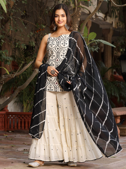 Off-White & Black Pure Cotton Embroidered Short Kurta Sharara & Dupatta Set