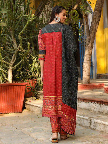 Rust Ethnic Motif Printed Cotton Kurta With Pant & Dupatta With Thread Embroidery Kaudi &Tassel