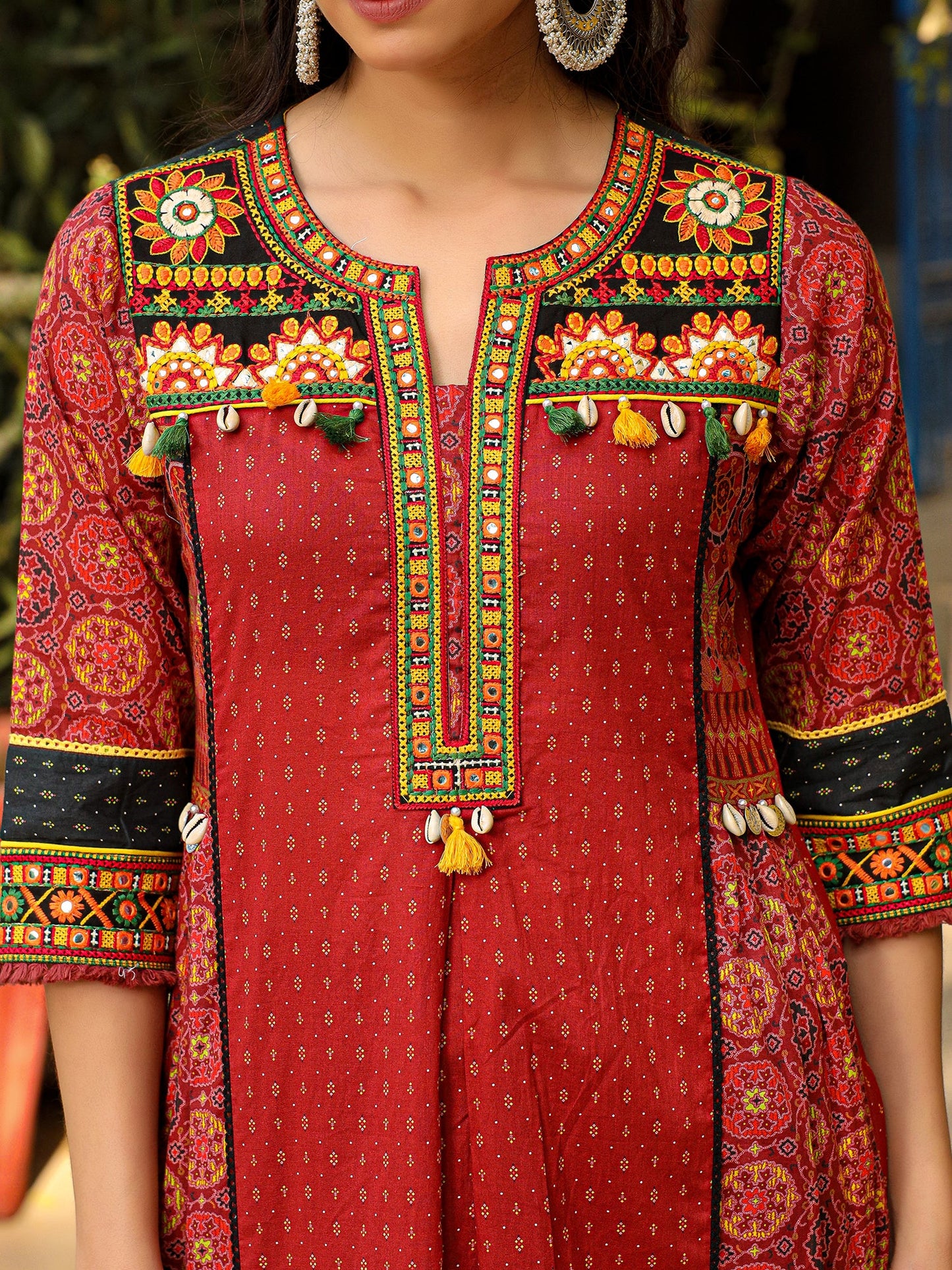 Rust Ethnic Motif Printed Cotton Kurta With Pant & Dupatta With Thread Embroidery Kaudi &Tassel