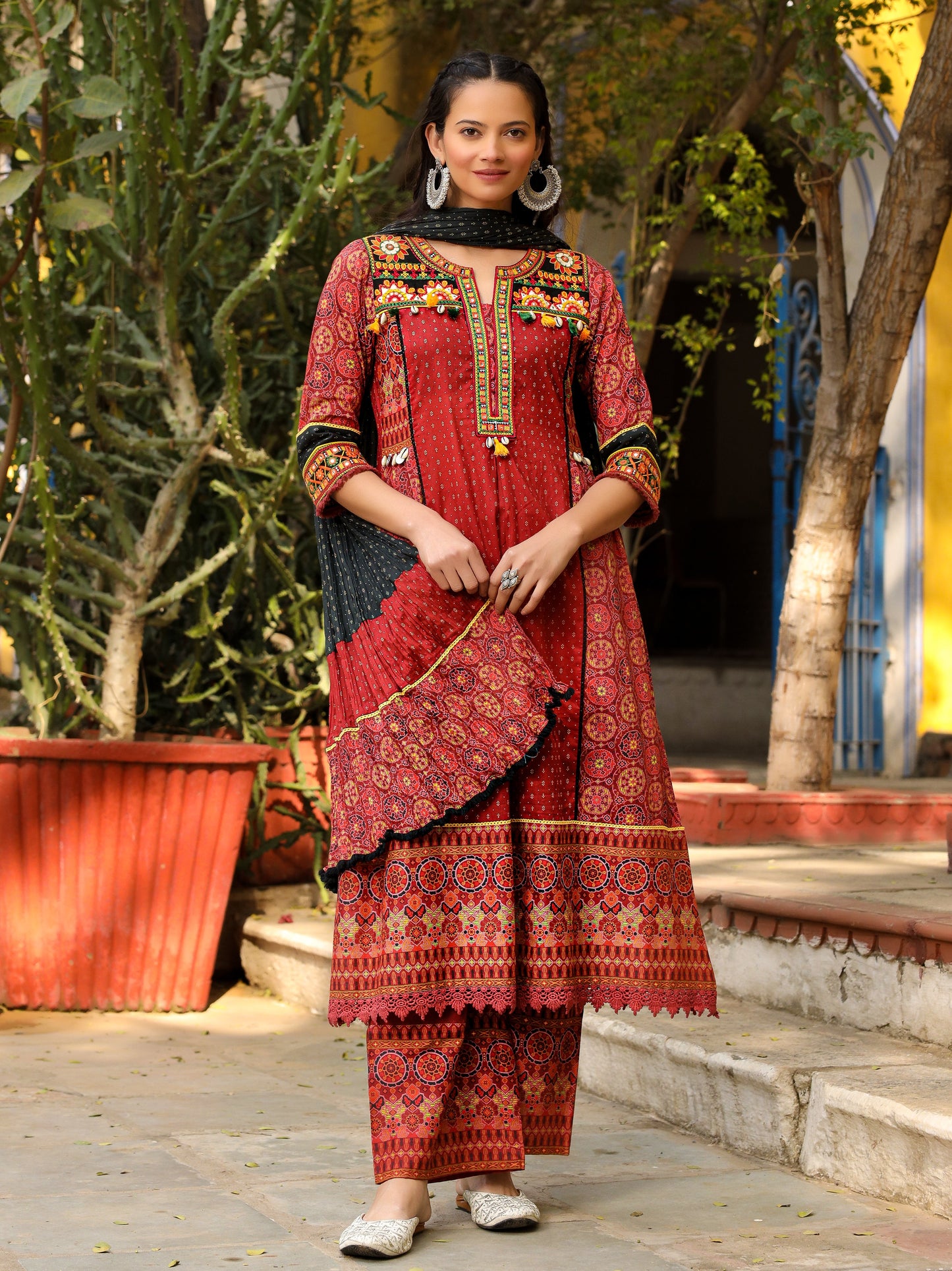 Rust Ethnic Motif Printed Cotton Kurta With Pant & Dupatta With Thread Embroidery Kaudi &Tassel