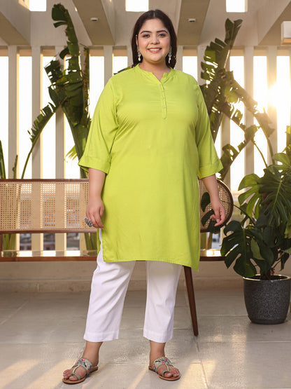 Lime Green Plus Size Straight Kurta Crafted With Rayon Fabric