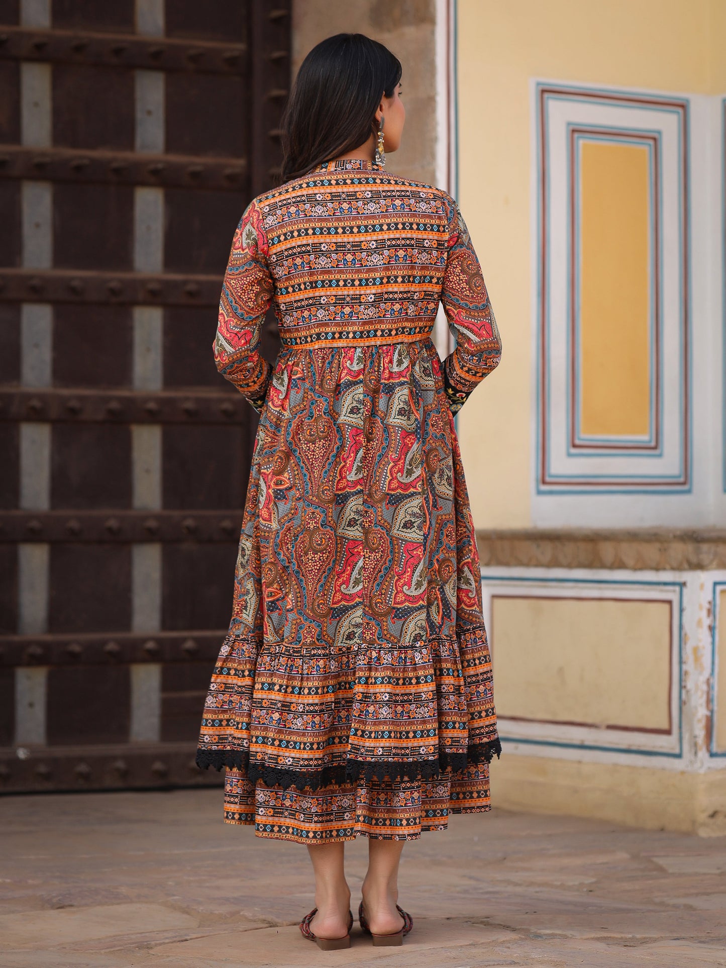 Multi Colored Cotton Maxi Dress With Ethnic Motifs, Embroidered Jacket, And Long Sleeves