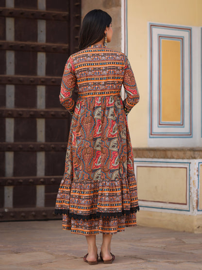 Multi Colored Cotton Maxi Dress With Ethnic Motifs, Embroidered Jacket, And Long Sleeves