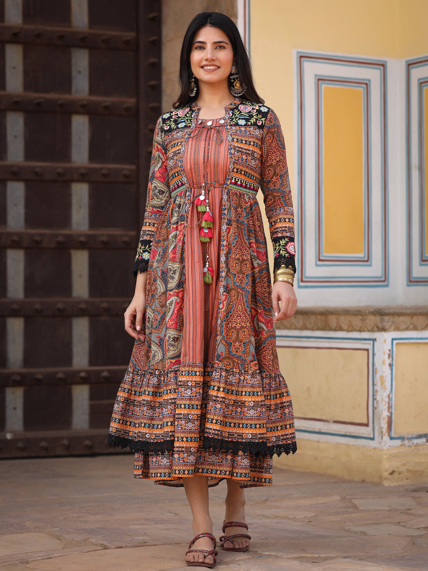 Multi Colored Cotton Maxi Dress With Ethnic Motifs, Embroidered Jacket, And Long Sleeves