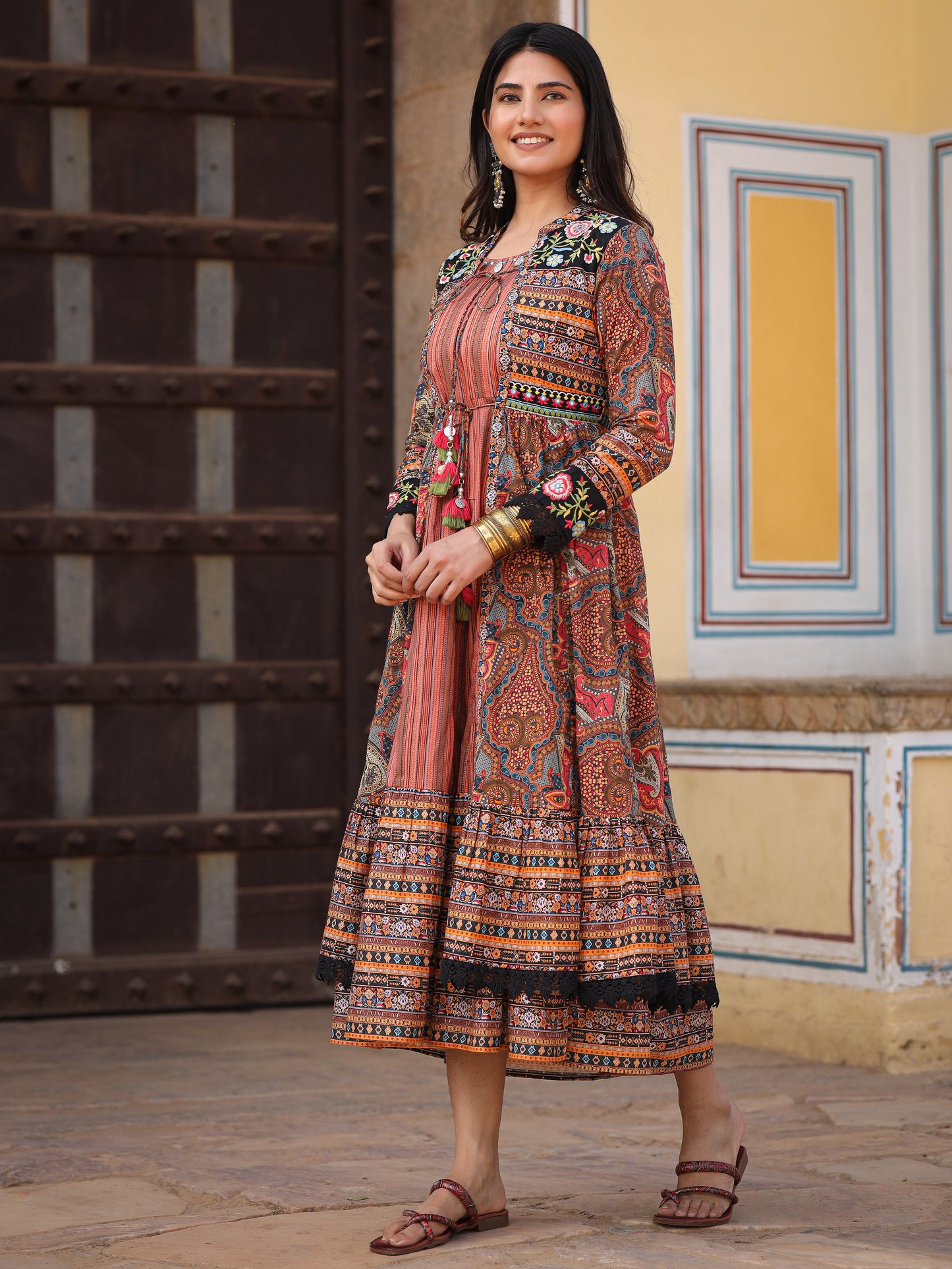 Multi Colored Cotton Maxi Dress With Ethnic Motifs, Embroidered Jacket, And Long Sleeves