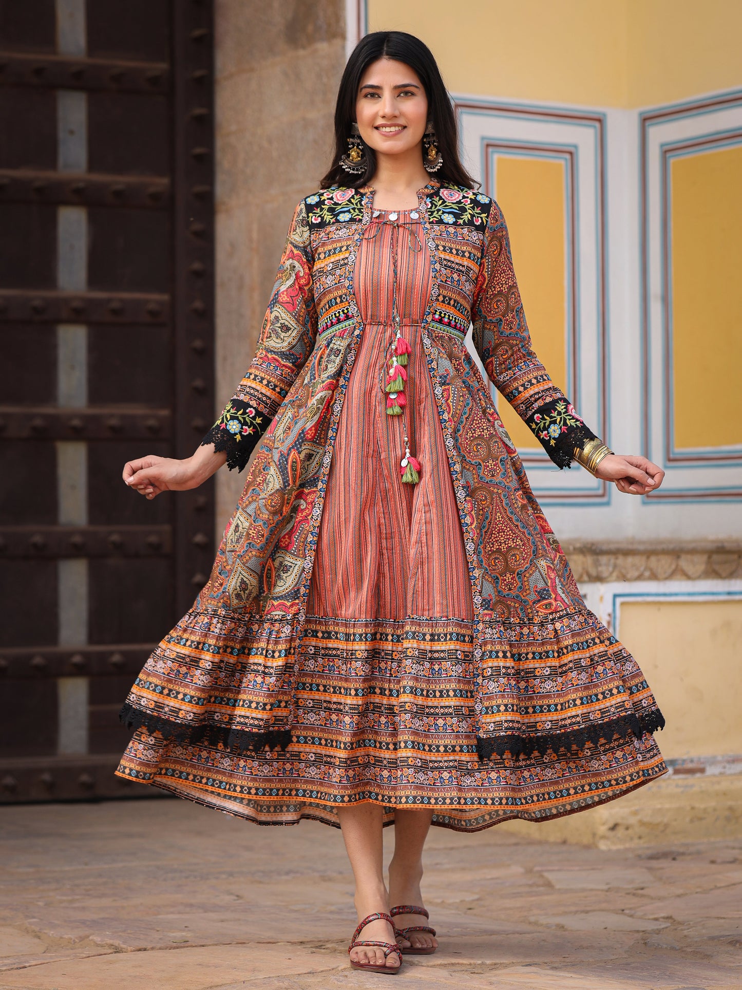 Multi Colored Cotton Maxi Dress With Ethnic Motifs, Embroidered Jacket, And Long Sleeves