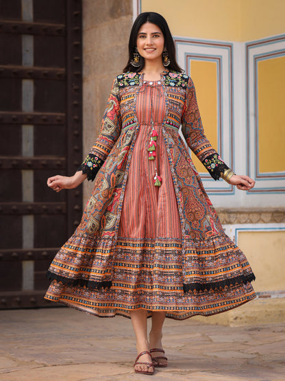Multi Colored Cotton Maxi Dress With Ethnic Motifs, Embroidered Jacket, And Long Sleeves