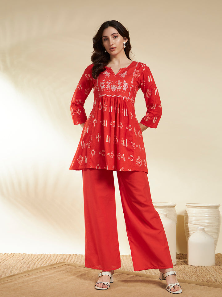 A-Line Printed Cotton Kurta And Palazzos