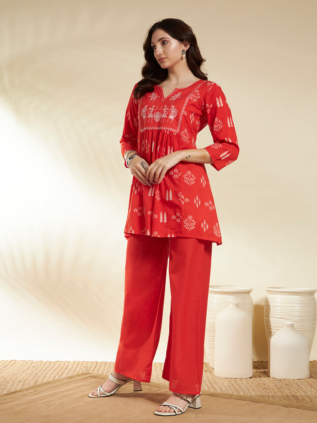A-Line Printed Cotton Kurta And Palazzos