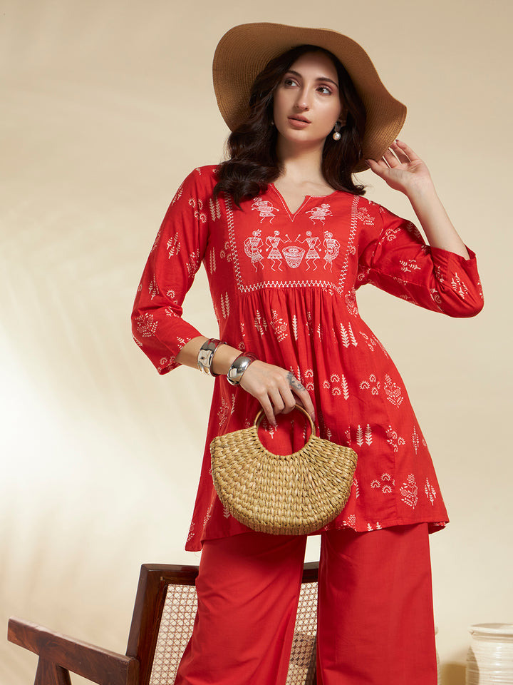 A-Line Printed Cotton Kurta And Palazzos