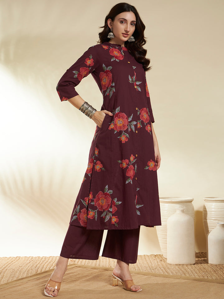 A-Line Printed Cotton Kurta And Palazzos