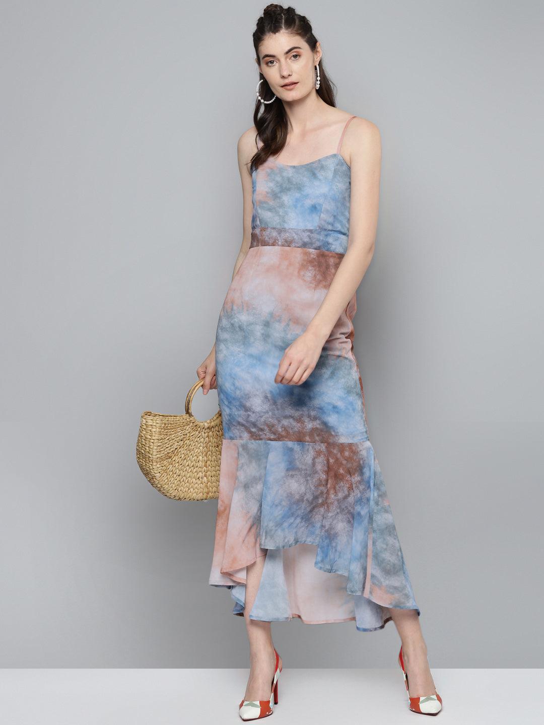 Blue & Brown Tie-Dye Print Strappy Maxi
