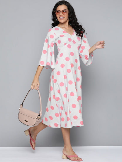 Pink & Grey Polka V-Neck Midi Dress