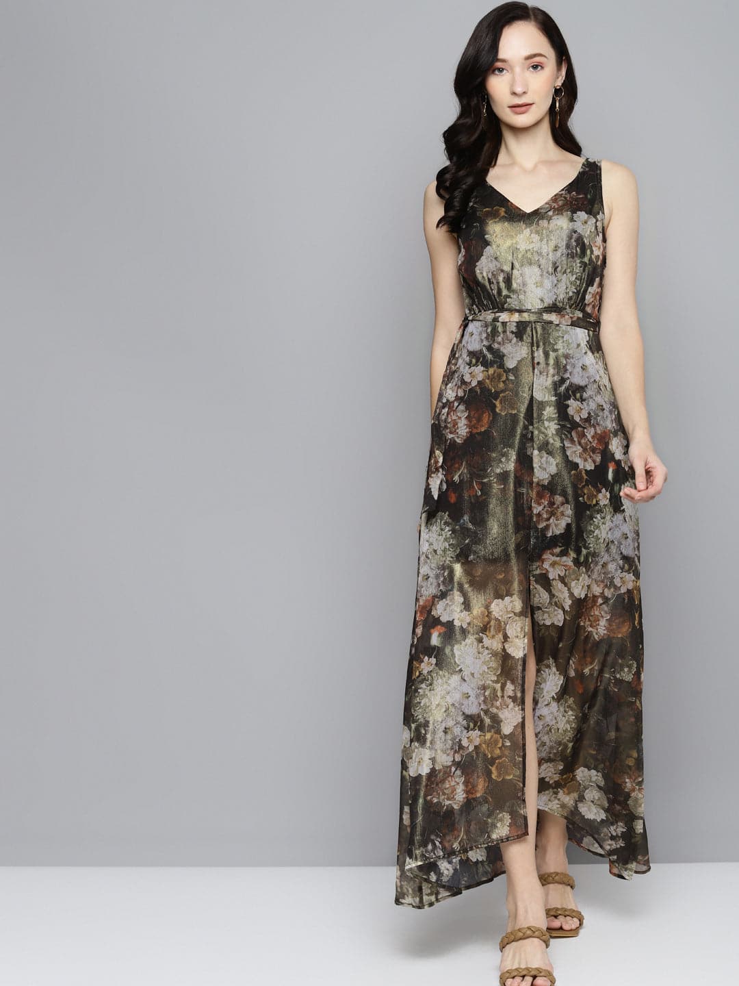 Women's Green Floral Chiffon V-Neck Belted Maxi in Polyester by Sassafras for wholesale, bulk, supplier, manufacturer and wholesaler buyers from Trendphoria