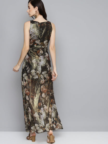 Green Floral Chiffon V-Neck Belted Maxi