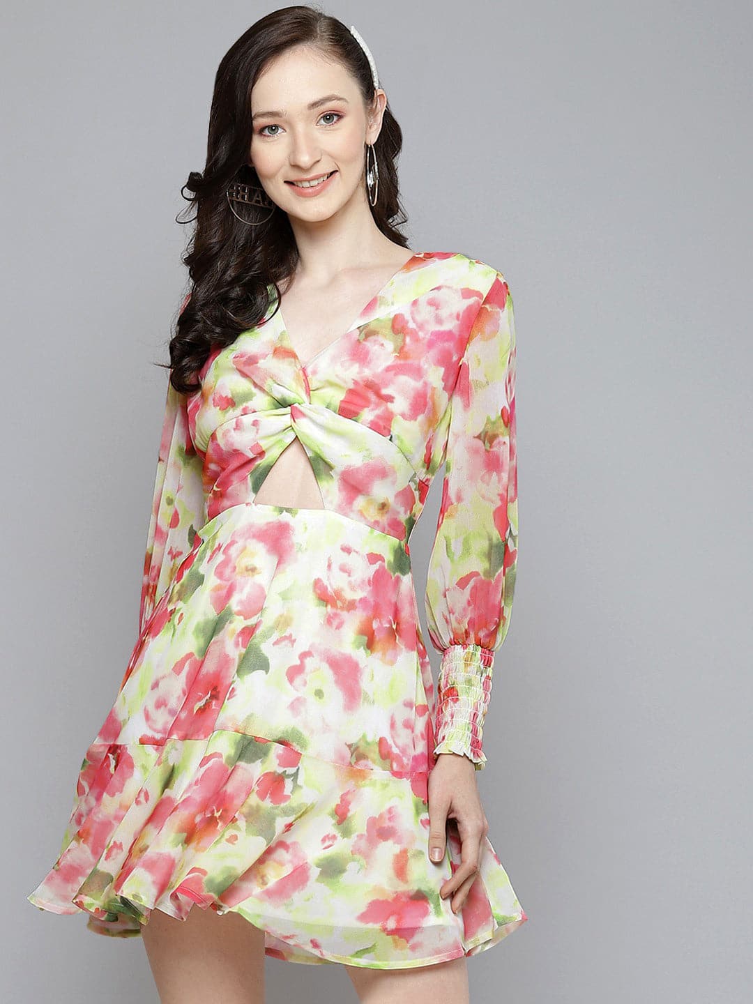 Women's Women White & Pink Floral Front Knot Short Dress in Georgette by Sassafras for wholesale, bulk, supplier, manufacturer and wholesaler buyers from Trendphoria