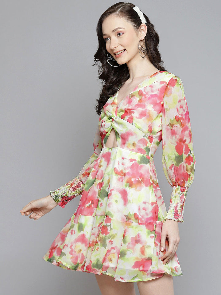 Women White &amp; Pink Floral Front Knot Short Dress