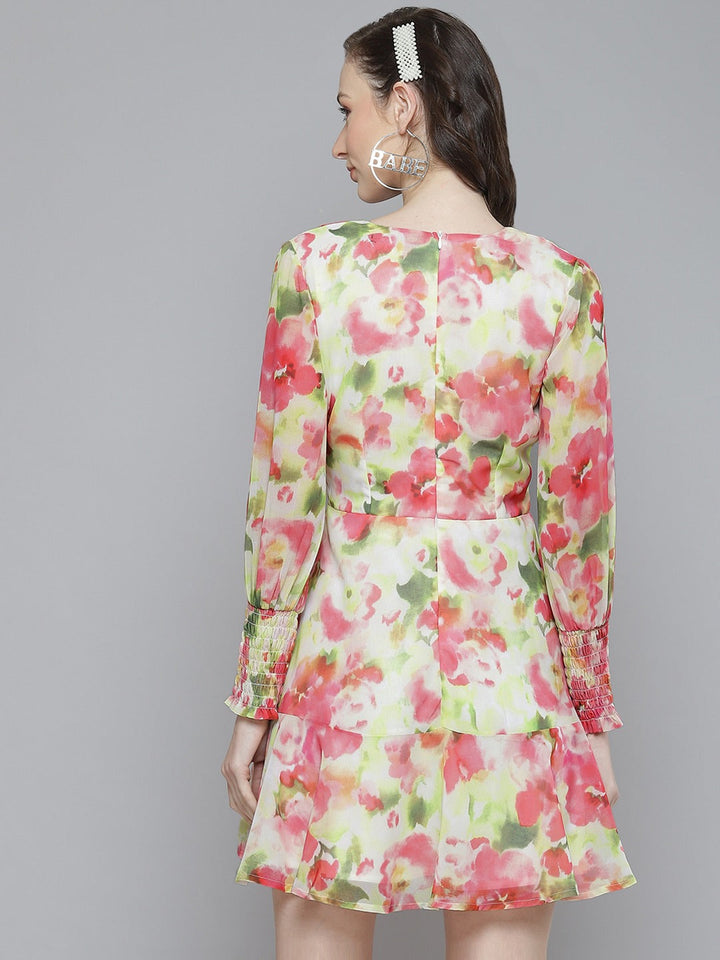 Women White &amp; Pink Floral Front Knot Short Dress