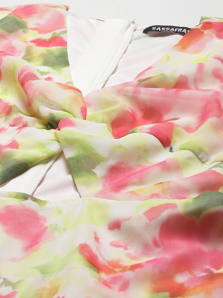 Women White &amp; Pink Floral Front Knot Short Dress