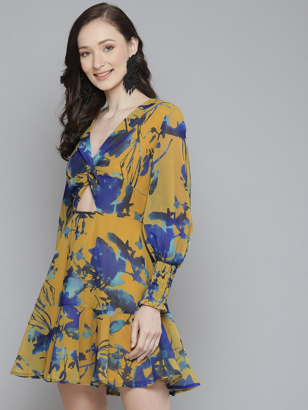 Women Mustard & Blue Floral Front Knot Short Dress