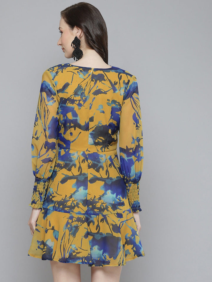 Women Mustard &amp; Blue Floral Front Knot Short Dress