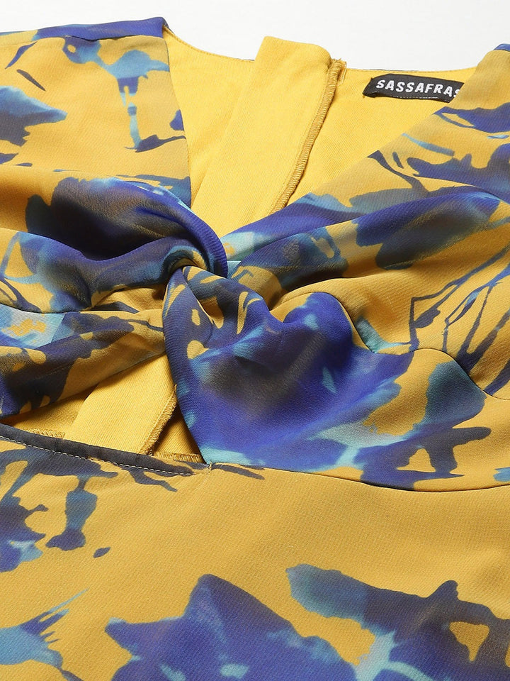Women Mustard &amp; Blue Floral Front Knot Short Dress