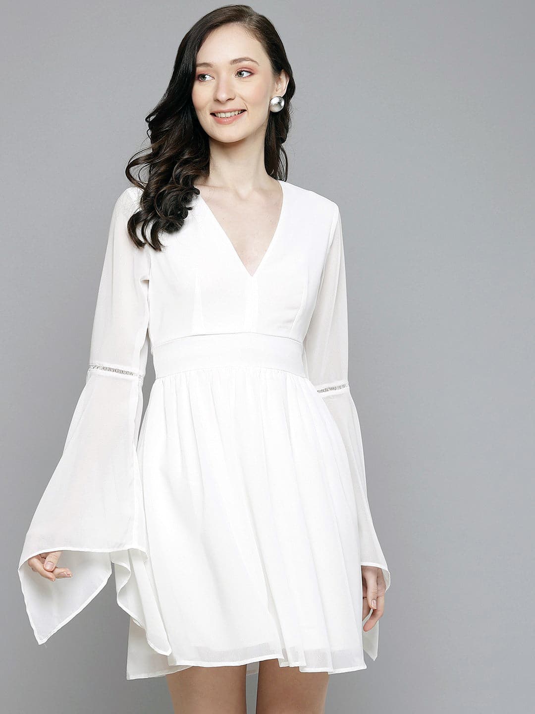 Women's Women White Boho Sleeve Skater Dress in Georgette by Sassafras for wholesale, bulk, supplier, manufacturer and wholesaler buyers from Trendphoria