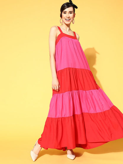 Women Red & Fuchsia Colour Block Tiered Maxi Dress