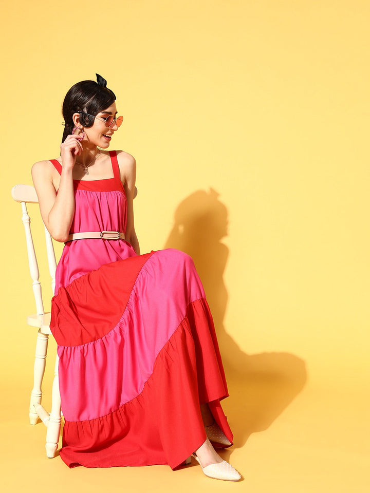 Women Red &amp; Fuchsia Colour Block Tiered Maxi Dress